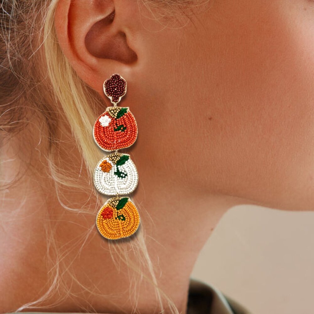 Pumpkin Seed Bead Fall Fashion Halloween Theme Dangle Earrings